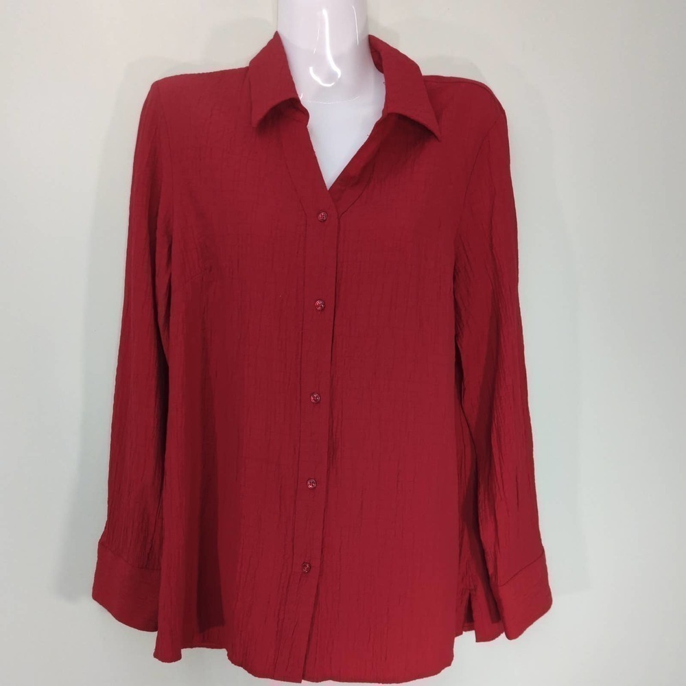 White Stag Womens Crinkle Button Front Shirt Blouse Red Long Sleeve S